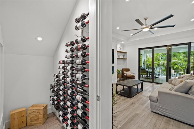 577 Venice Ln, Sarasota, FL 34242 - wine area featuring light wood-type flooring, a ceiling fan, and recessed lighting