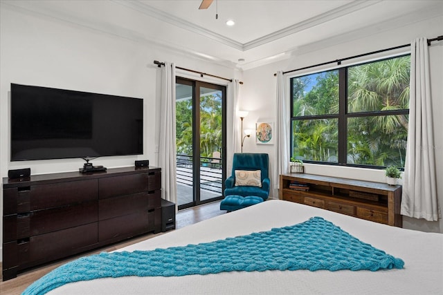 bedroom with ceiling fan, access to outside, and crown molding