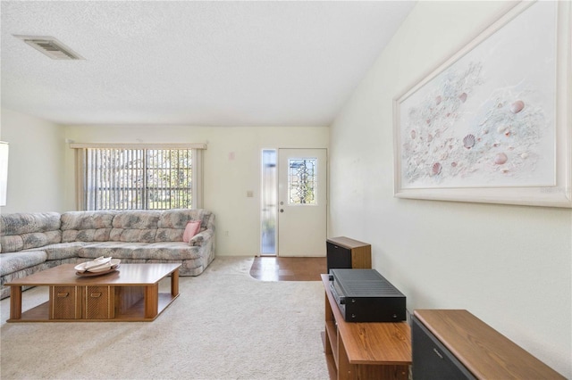 carpeted living room featuring a textured ceiling