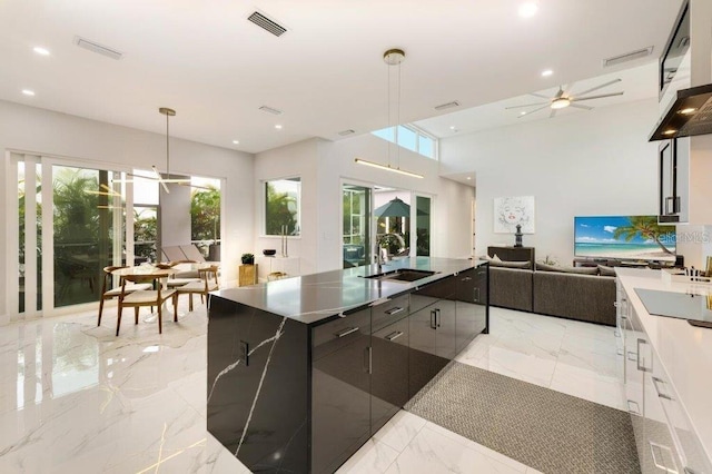 kitchen with ceiling fan, sink, and decorative light fixtures