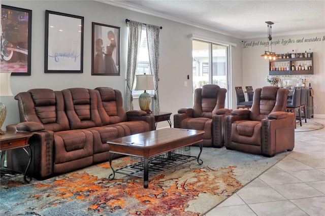 living room with crown molding, a textured ceiling, a dry bar, and light tile patterned floors