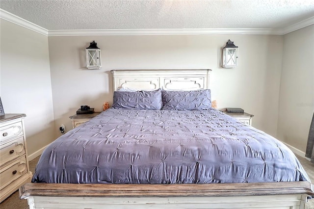 carpeted bedroom featuring ornamental molding, a textured ceiling, and baseboards