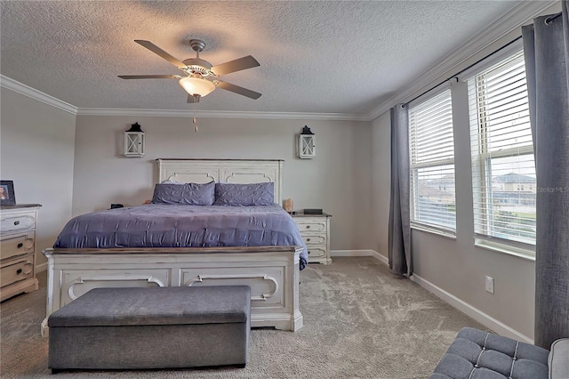 bedroom with light colored carpet, crown molding, and multiple windows