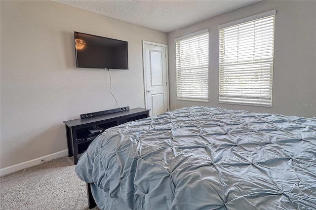 bedroom with carpet floors, a textured ceiling, and baseboards