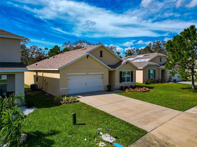 view of front of house with central AC unit, a garage, and a front lawn