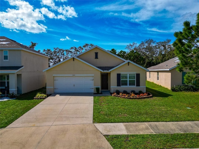 single story home with a garage and a front lawn