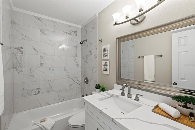 full bath featuring shower / bathing tub combination, vanity, ornamental molding, and toilet