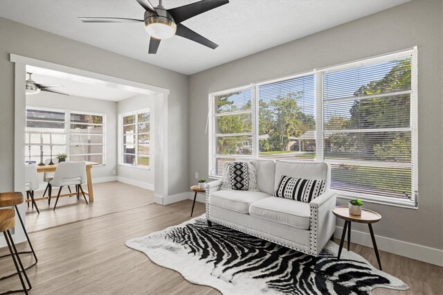 living room with light hardwood / wood-style flooring, ceiling fan, and plenty of natural light