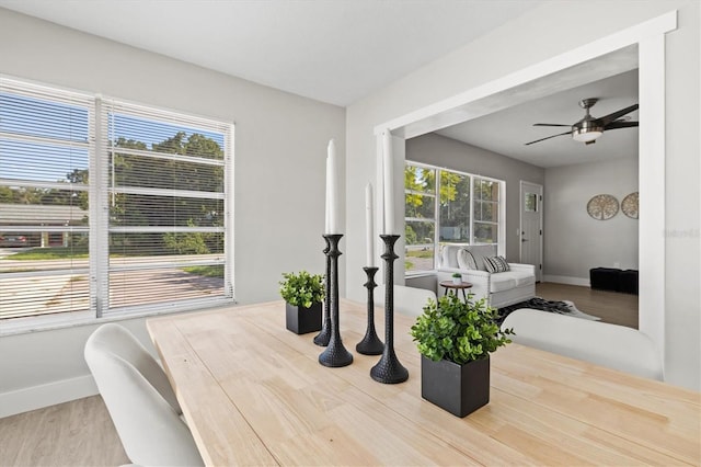 dining area featuring wood-type flooring and ceiling fan