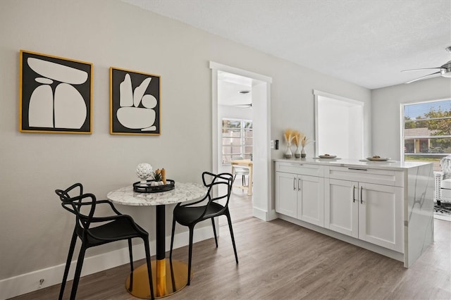 dining area featuring a textured ceiling, light hardwood / wood-style floors, and ceiling fan