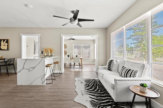 living room featuring ceiling fan, plenty of natural light, wood finished floors, and baseboards
