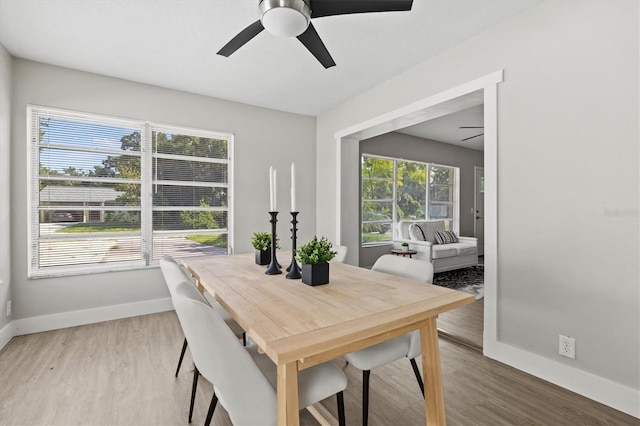 dining space featuring plenty of natural light, baseboards, and a ceiling fan