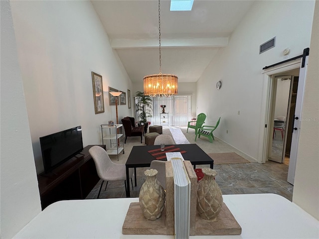 dining space featuring beam ceiling, a notable chandelier, visible vents, and high vaulted ceiling