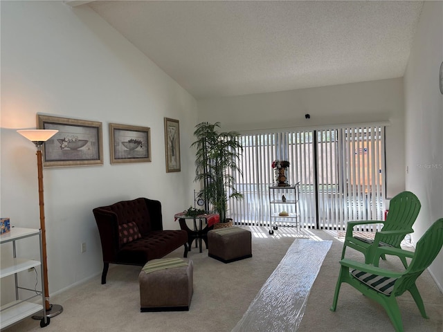 living area with baseboards, a textured ceiling, lofted ceiling, and carpet