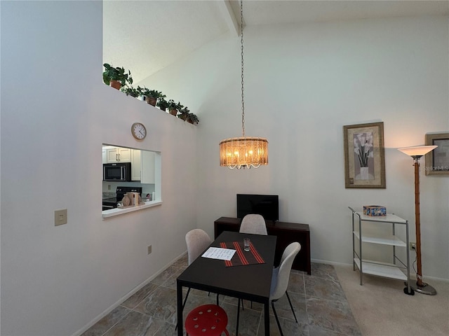 carpeted office with beamed ceiling, an inviting chandelier, high vaulted ceiling, and baseboards