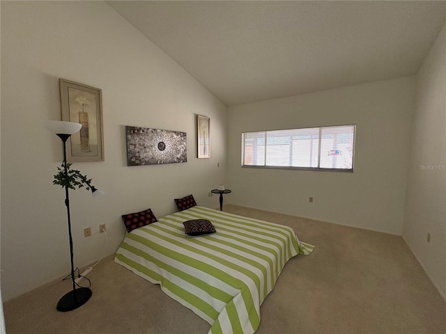 bedroom with lofted ceiling and carpet floors