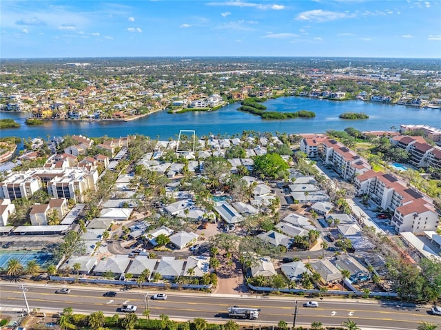 drone / aerial view with a water view