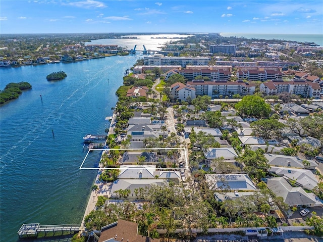 drone / aerial view featuring a water view