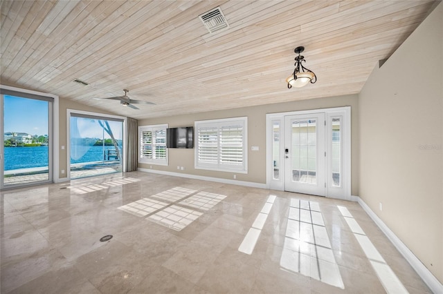 interior space featuring lofted ceiling, ceiling fan, wood ceiling, and a water view