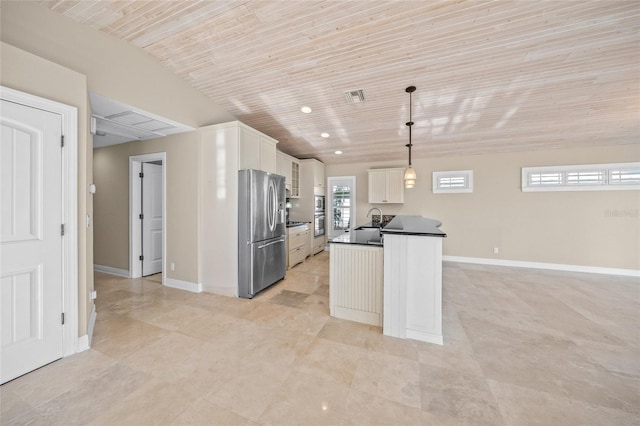 kitchen with hanging light fixtures, white cabinets, wood ceiling, and stainless steel fridge with ice dispenser