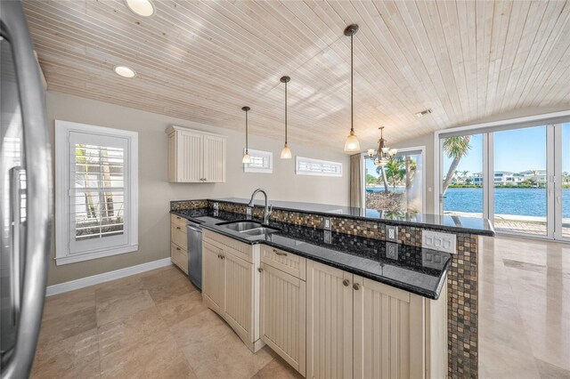 kitchen with wooden ceiling, dark stone counters, pendant lighting, a water view, and sink