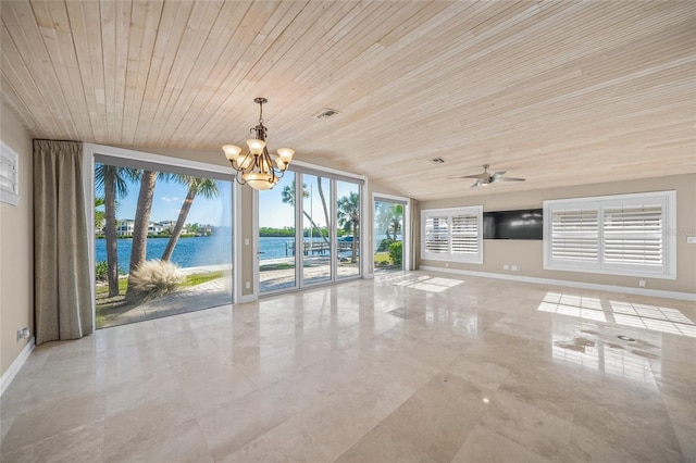 unfurnished living room with wood ceiling and ceiling fan with notable chandelier