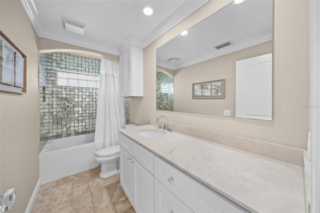 full bathroom featuring toilet, vanity, shower / bath combination with curtain, and ornamental molding