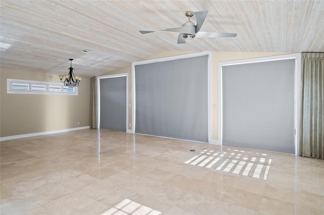 unfurnished bedroom with vaulted ceiling, wood ceiling, and ceiling fan with notable chandelier