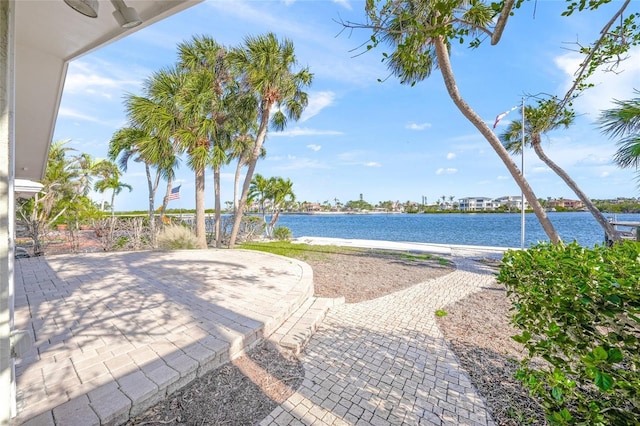 view of patio / terrace featuring a water view