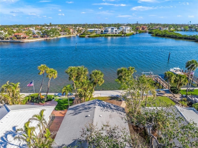 drone / aerial view featuring a water view