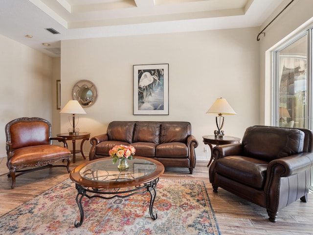 living room featuring a tray ceiling and light wood-type flooring