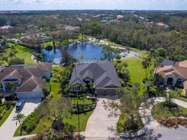 drone / aerial view featuring a water view