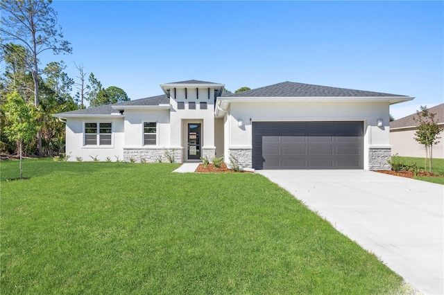 2938 Woodward Ave, North Port, FL 34286 - prairie-style home with an attached garage, a front lawn, stone siding, stucco siding, and driveway