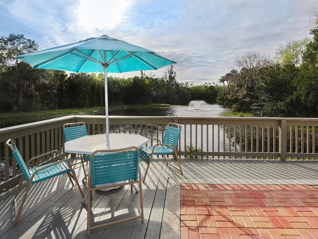 wooden deck featuring a water view