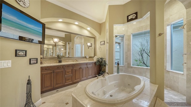 bathroom with tile patterned flooring, vanity, plus walk in shower, and ornamental molding