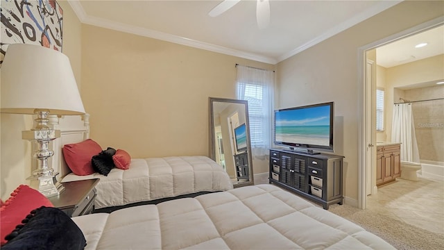 tiled bedroom with ceiling fan, ornamental molding, and ensuite bathroom