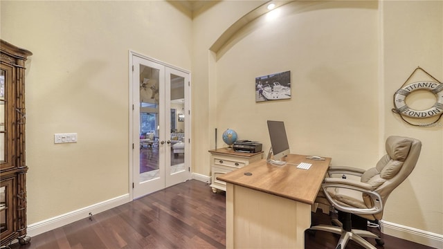 office area with french doors and dark hardwood / wood-style flooring