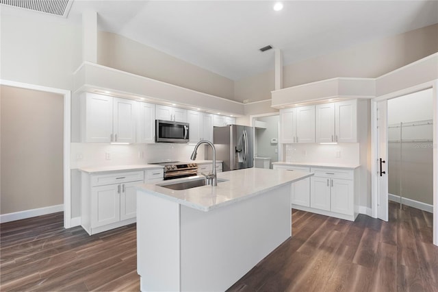 11332 Rivers Bluff Cir, Lakewood Ranch, FL 34202 - kitchen with stainless steel appliances, a sink, baseboards, dark wood-style flooring, and tasteful backsplash
