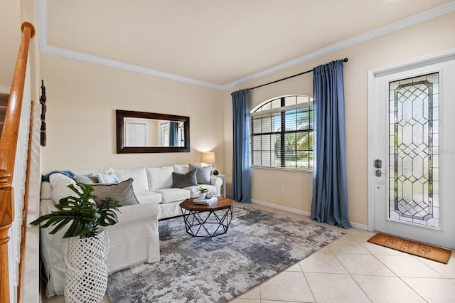 tiled living room with ornamental molding