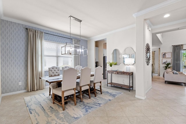 dining space featuring crown molding, light tile patterned floors, and a notable chandelier