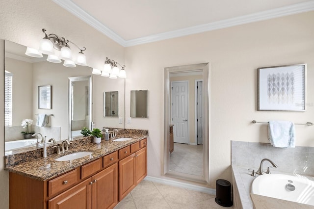 bathroom featuring vanity, a bath, crown molding, and tile patterned floors