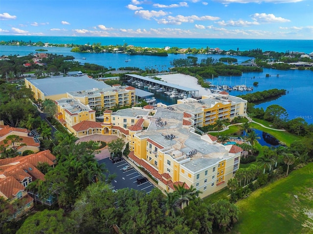 aerial view featuring a water view