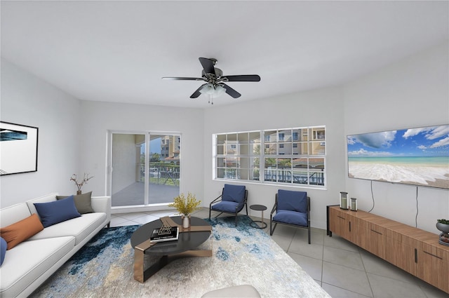 14041 Bellagio Way Unit 214, Osprey, FL 34229 - living room with light tile patterned flooring, ceiling fan, and baseboards