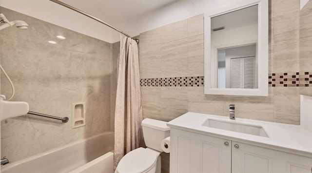 full bathroom featuring backsplash, tile walls, shower / bath combo with shower curtain, toilet, and vanity