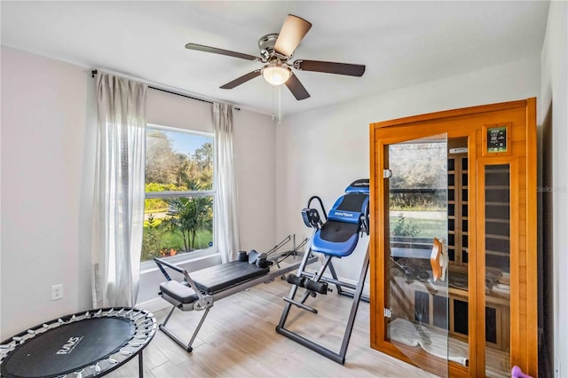 exercise room with light wood-type flooring and ceiling fan