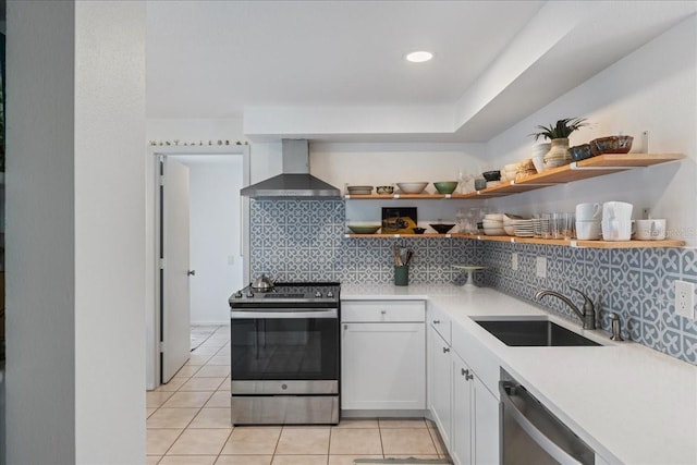 kitchen featuring decorative backsplash, white cabinetry, sink, wall chimney exhaust hood, and stainless steel appliances