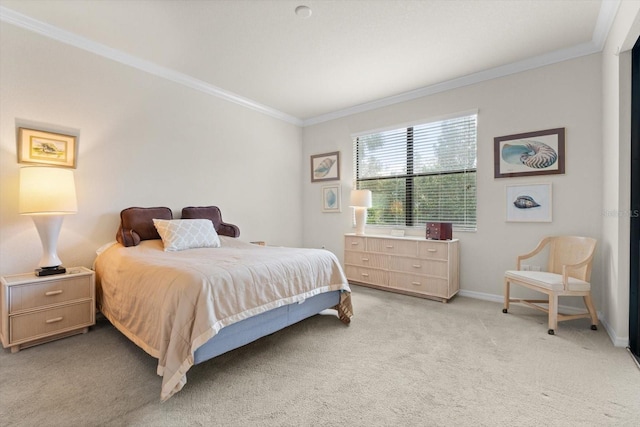 carpeted bedroom with crown molding