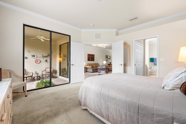 carpeted bedroom with ornamental molding