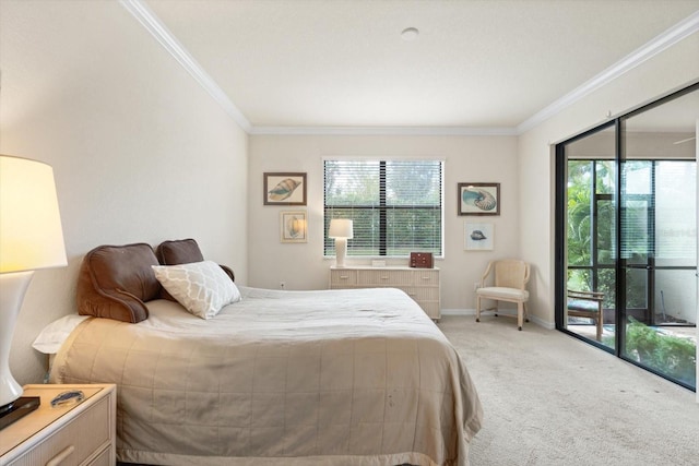 carpeted bedroom featuring ornamental molding, access to outside, and multiple windows