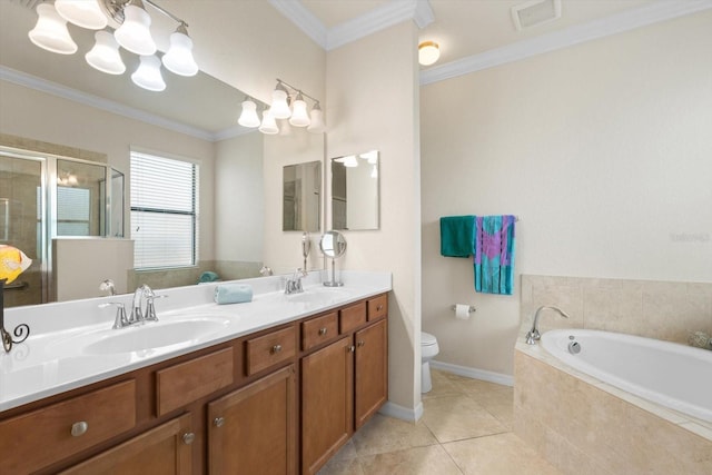 full bathroom featuring toilet, independent shower and bath, vanity, and crown molding